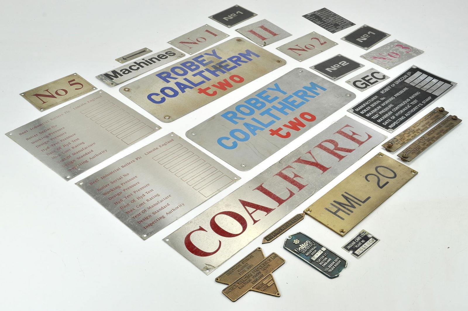 An interesting assortment of Industrial Metal Plates /: An interesting assortment of Industrial Metal Plates / Signs / Plaques denoting various boiler related equipment as shown.