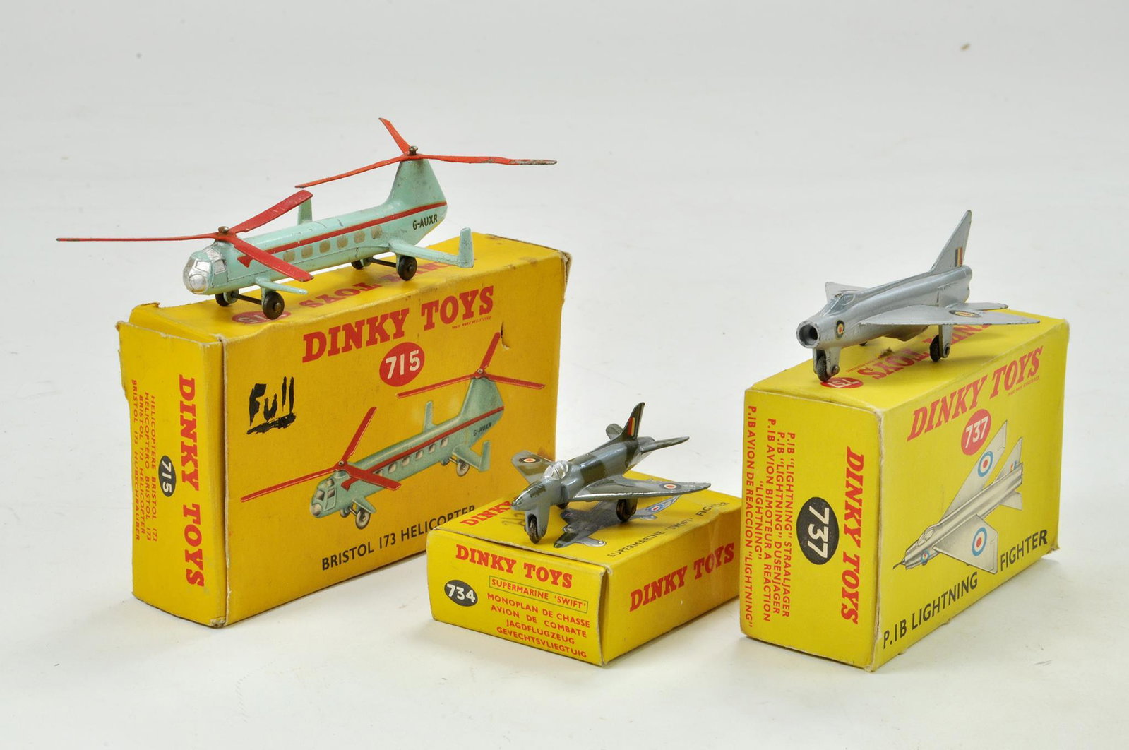 Dinky No. 715 Bristol Helicopter. Generally good with: Dinky No. 715 Bristol Helicopter. Generally good with some signs of wear throughout plus No. 734 Supermarine Swift Fighter generally excellent and Dinky No. 737 P.I.B Lightning Fighter generally good.