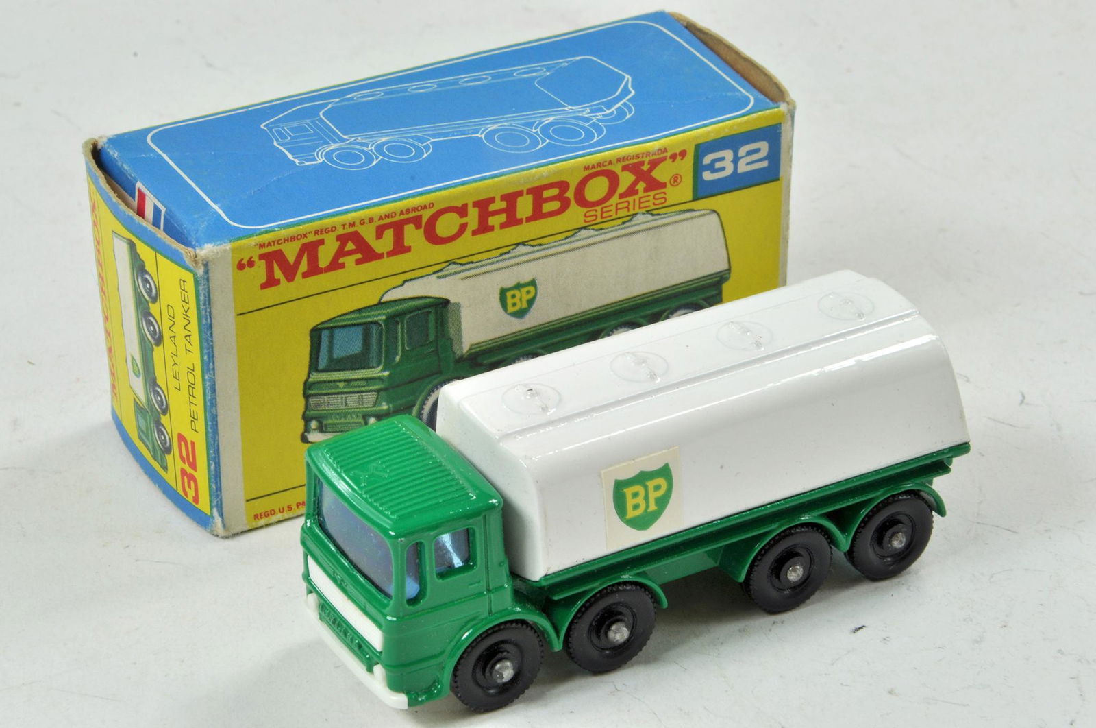 Matchbox Regular wheels No. 32C Leyland Petrol BP: Matchbox Regular wheels No. 32C Leyland Petrol BP Tanker. Green and white, with BP Decal, white base. Appears excellent with little if any marks present contained in excellent original box.