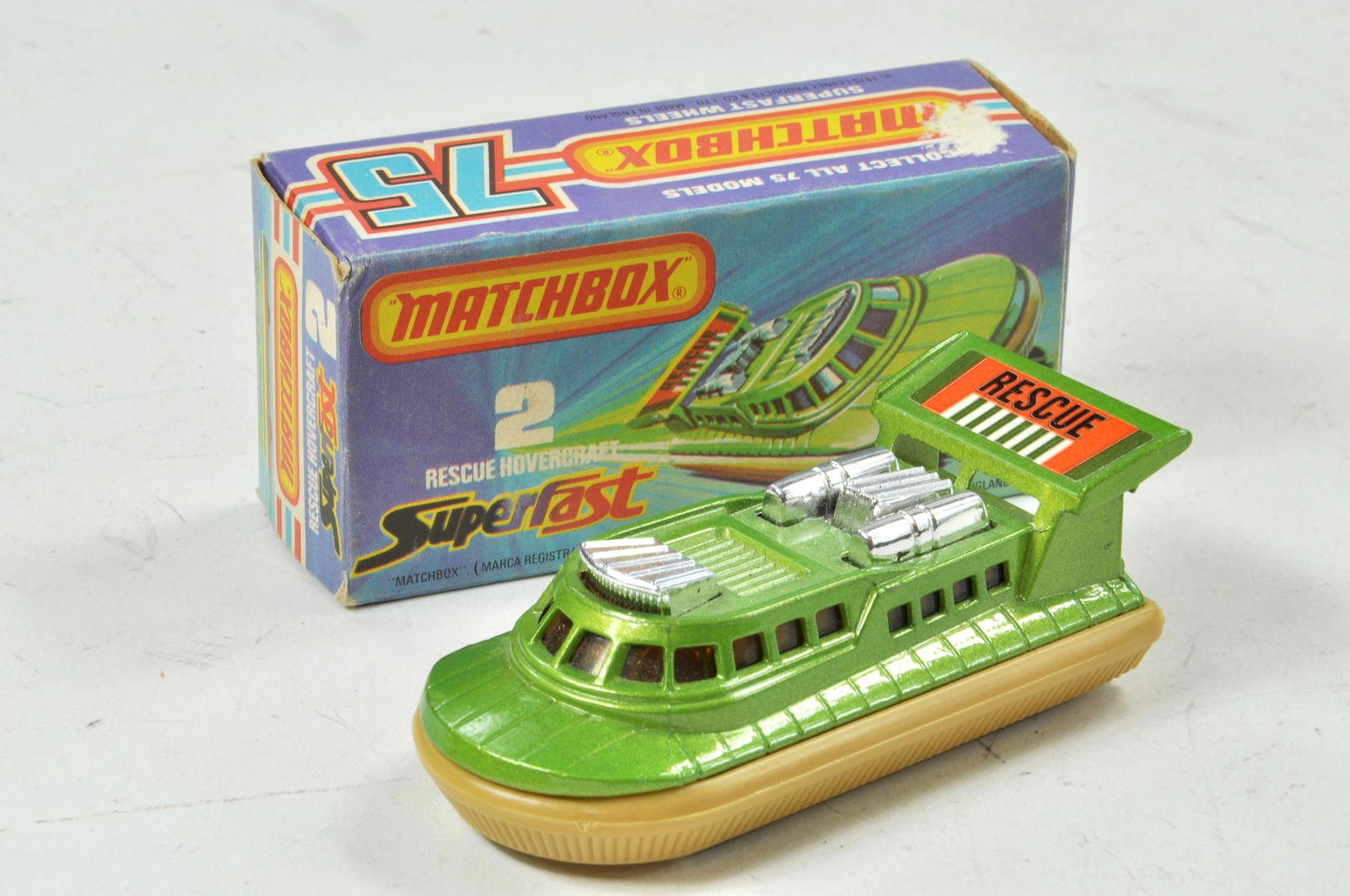 Matchbox Superfast No. 2F Rescue Hovercraft. Light lime: Matchbox Superfast No. 2F Rescue Hovercraft. Light lime green body, light brown skirt with silver air intakes. Amber windows with 'Rescue' decal. Appears excellent with little if any minor marks prese