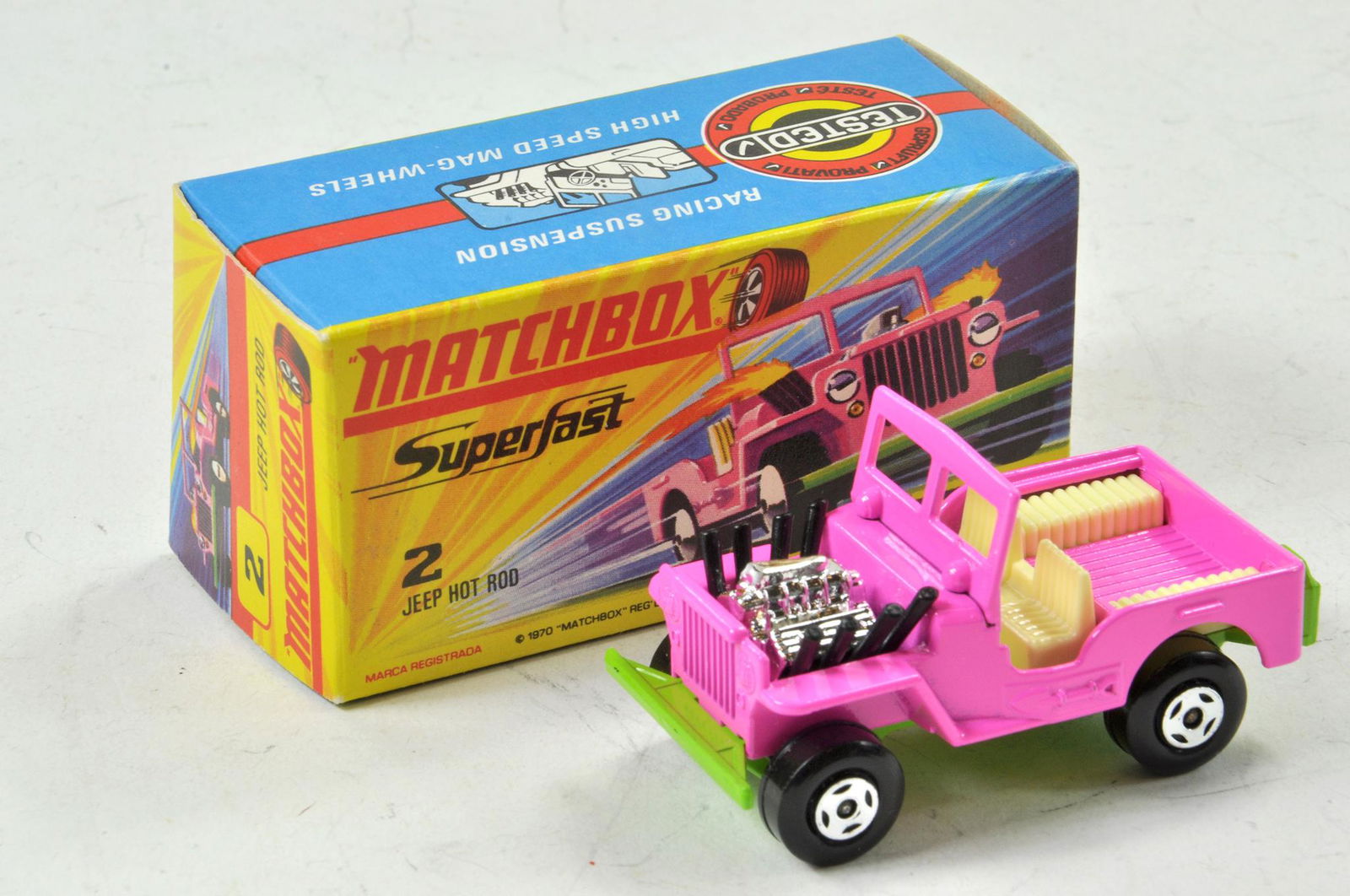 Matchbox Superfast No. 4E Gruesome Twosome. Orange-red: Matchbox Superfast No. 4E Gruesome Twosome. Orange-red body with silver base, cream interior and purple tinted glass. Appears excellent with little if any minor marks present contained in excellent or