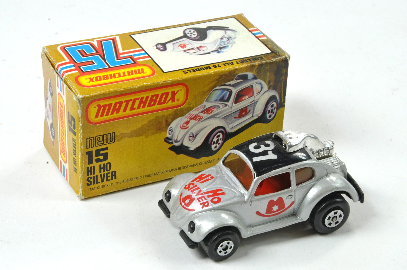 Matchbox Superfast No. 15C Hi Ho Silver. Silver / Black: Matchbox Superfast No. 15C Hi Ho Silver. Silver / Black with Red Interior. Clear Windows. Black Base. Excellent, in Very good (some storage wear and flap wear one end ) (L Type) Box with New.