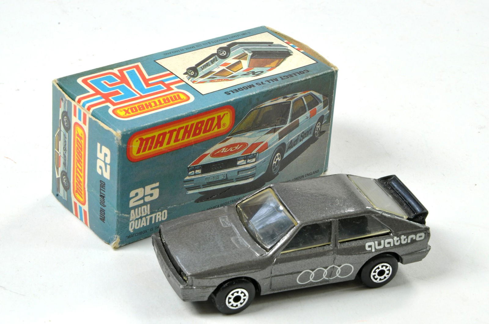 Matchbox Superfast No 25F Audi Quattro. Made in China.: Matchbox Superfast No 25F Audi Quattro. Made in China. Metallic Dark Grey with Black Interior. Clear Windows. Black Base. Appears excellent, in excellent (L Type) box.