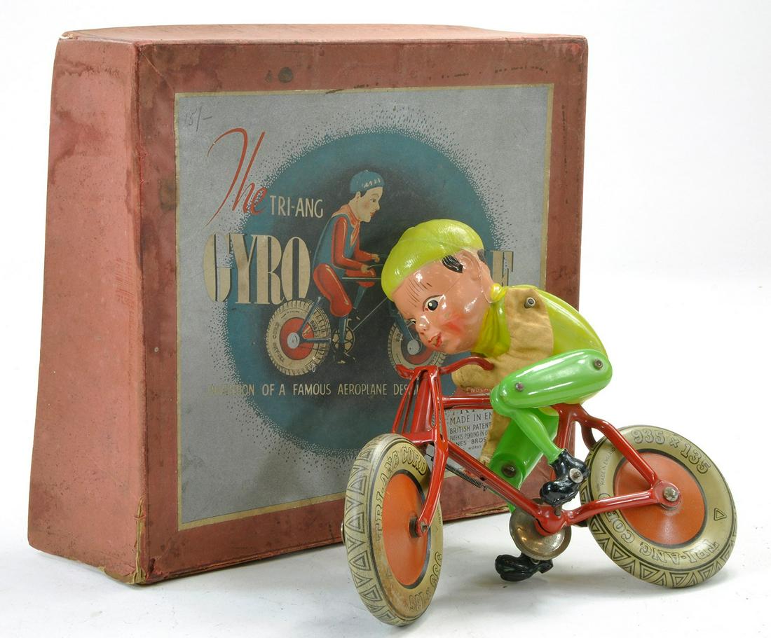 Triang - Lines Brothers Pre-War Gyro Cycle with Celluloid Figure. Generally good, some minor marks (1 of 1)