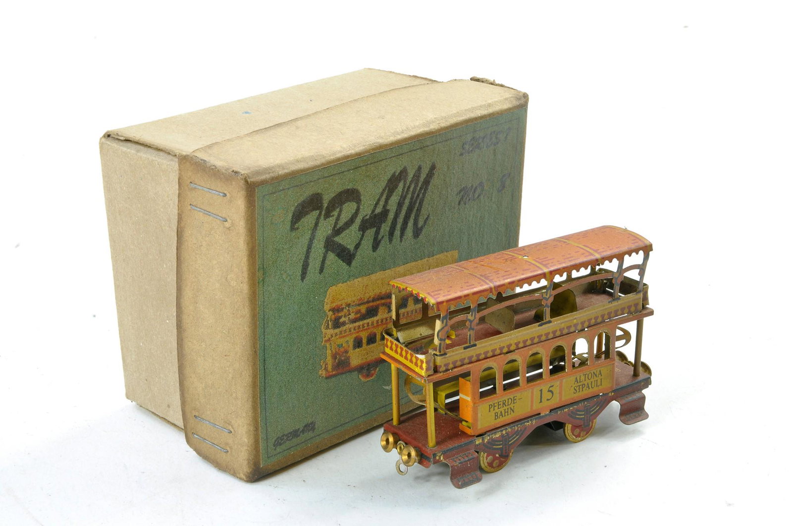 Old Vintage Tin Miniature Tram with box.: Old Vintage Tin Miniature Tram with box.