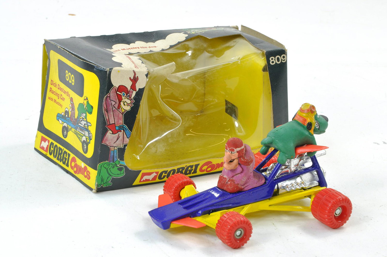 Corgi No. 809 Dick Dastardly Racing Car with Figures. Generally excellent, no obvious sign of wear: Corgi No. 809 Dick Dastardly Racing Car with Figures. Generally excellent, no obvious sign of wear other than would benefit from a clean in fair to good box.