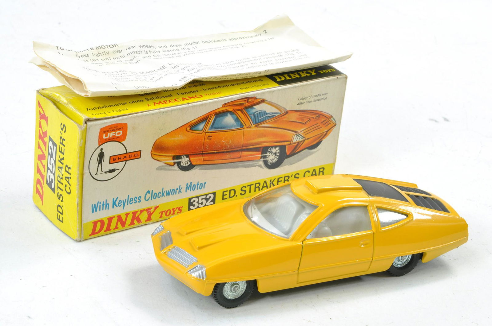Dinky No. 352 UFO Shado Ed Straker's Car. Yellow body, pale grey interior, black engine cover and (1 of 2)