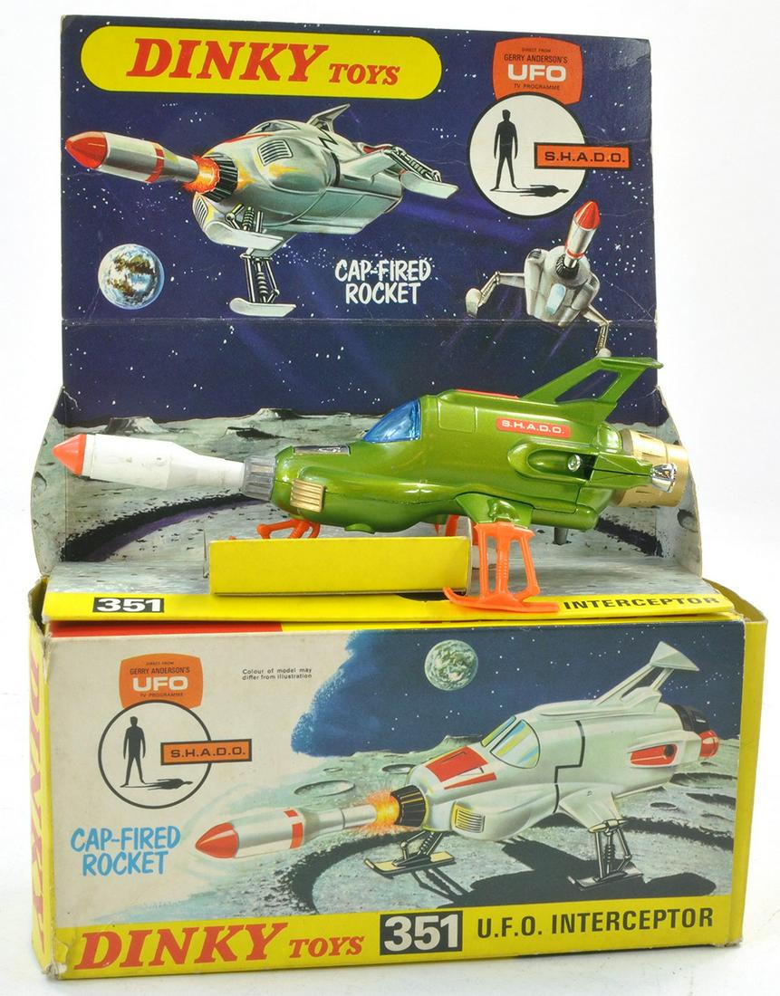 Dinky No. 351 UFO Shado Interceptor. Green, orange legs, blue tinted window, with white and orange (1 of 1)