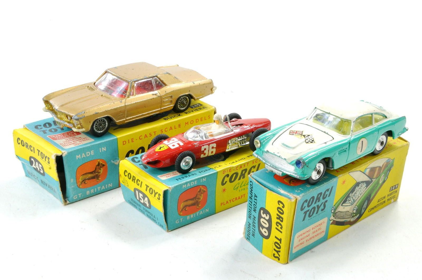 Corgi Trio comprising No. 245 Buick Riviera, 154 Ferrari and 309 Aston Martin Competition Model. (1 of 1)