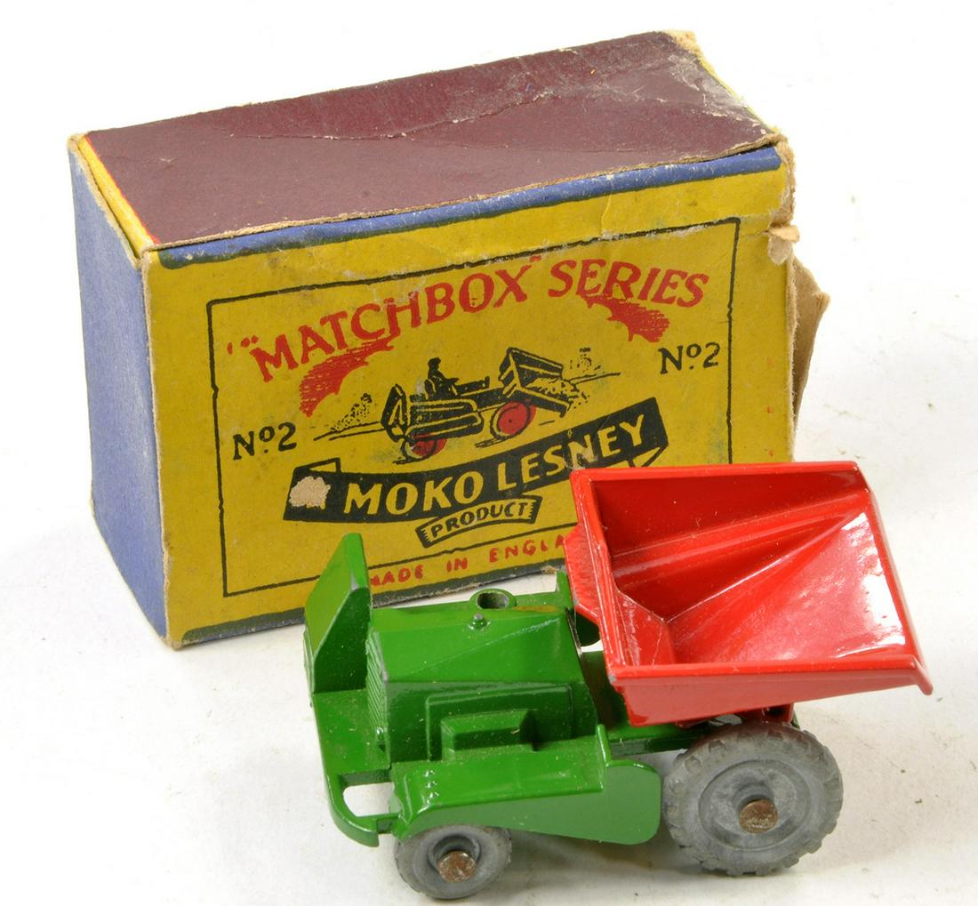 Matchbox Regular Wheels No. 2b Site Dumper. Green with Metal wheels, red dumper. Generally good, (1 of 2)