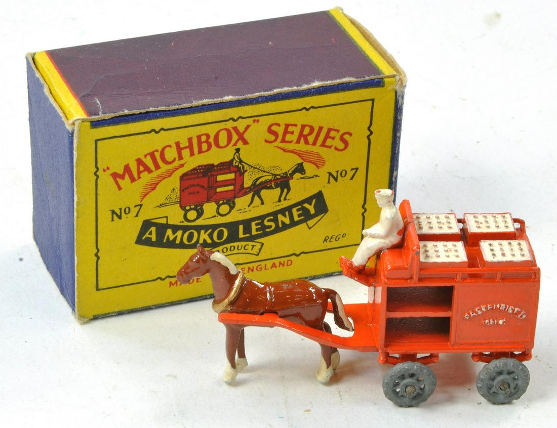 Matchbox Regular Wheels No. 7a Horse Drawn Milk Float. Dull Orange with Brown Horse. White Milk (1 of 1)