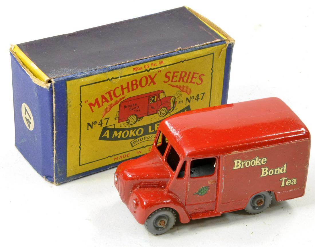 Matchbox Regular Wheels No. 47a Trojan Brooke Bond Tea Van. Red with black base, grey plastic (1 of 1)
