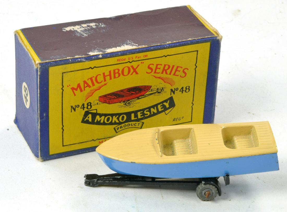 Matchbox Regular Wheels No. 48a Meteor Sportsman Boat on Trailer. Blue, Tan on Black Trailer with (1 of 1)