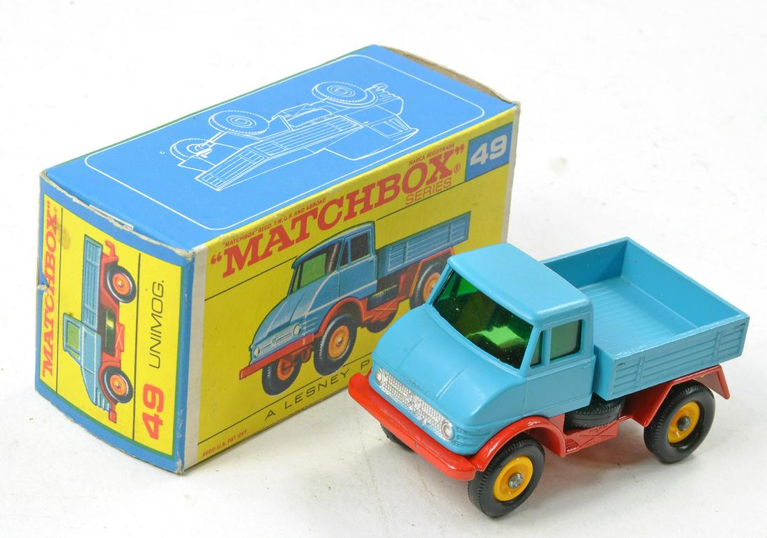 Matchbox Regular Wheels No. 49b Mercedes Unimog. Blue and Red with Green Tinted Windows. Excellent,: Matchbox Regular Wheels No. 49b Mercedes Unimog. Blue and Red with Green Tinted Windows. Excellent, a couple of specks in fair to good to very good box.