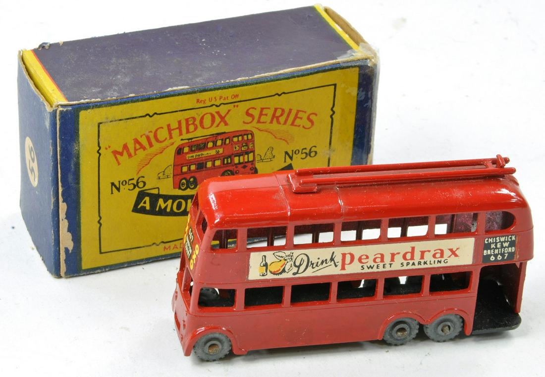 Matchbox Regular Wheels No. 56a Trolleybus 'Peardrax'. Red with black base, metal wheels, red poles. (1 of 1)