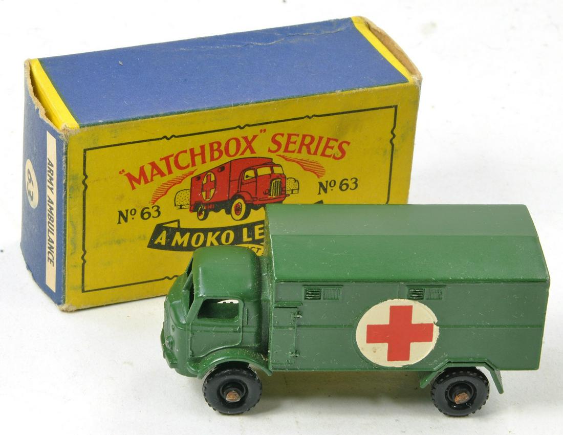 Matchbox Regular Wheels No. 63a Ford Army Ambulance. Olive green with Black Plastic Wheels, Red (1 of 1)