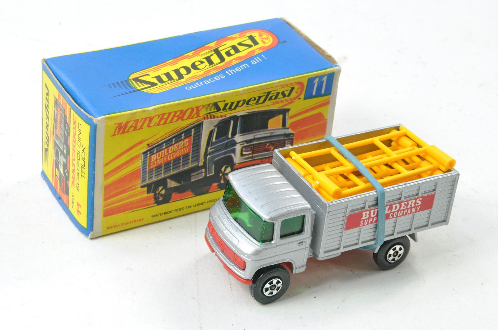 Matchbox Superfast No. 11a Mercedes Scaffolding Truck. Silver and Red, Narrow Wheels. With Load off (1 of 2)
