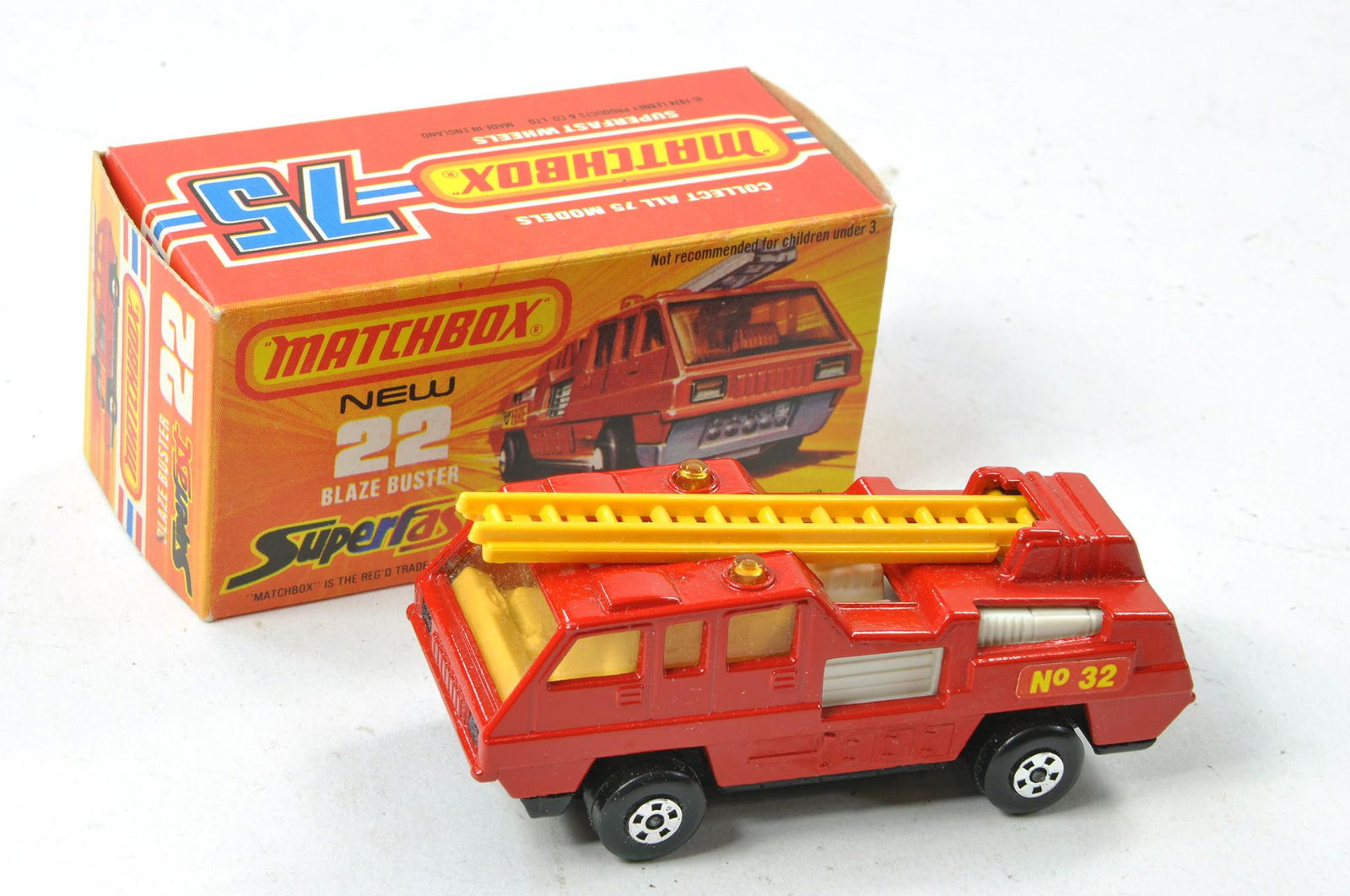 Matchbox Superfast No. 22c Blaze Buster. Red with white interior. Amber Windows. No. 32 decal. Black (1 of 1)