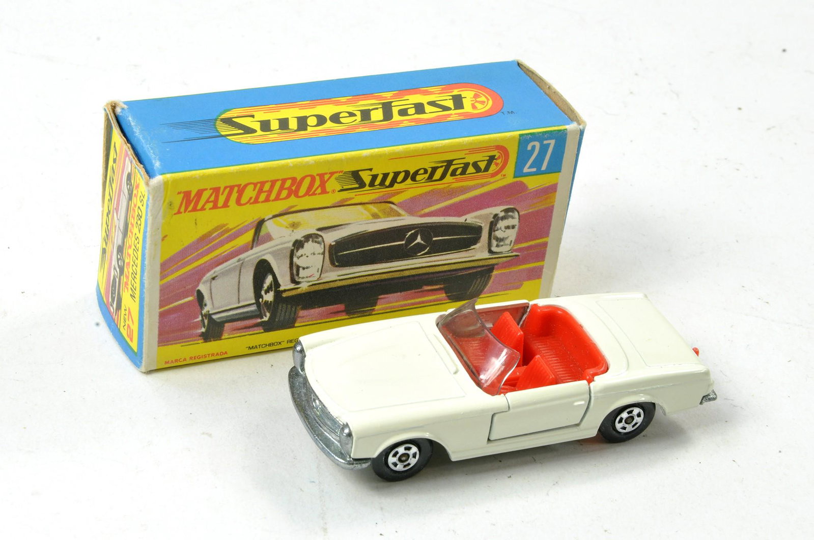 Matchbox Superfast No. 27a Mercedes 230SL. White with red interior, plated base. Excellent with no: Matchbox Superfast No. 27a Mercedes 230SL. White with red interior, plated base. Excellent with no obvious sign of wear in very good to excellent G Type box, some minor edge wear.