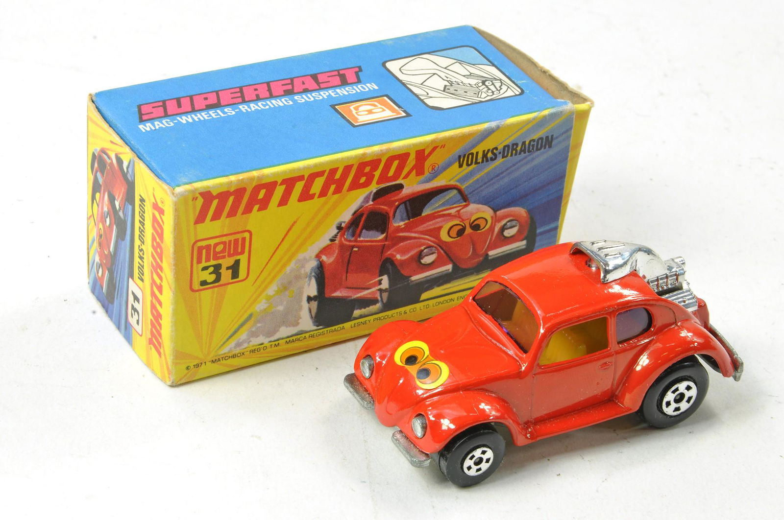 Matchbox Superfast No. 31b Volksdragon Lady Bug. Red with yellow interior, purple windows, unpainted: Matchbox Superfast No. 31b Volksdragon Lady Bug. Red with yellow interior, purple windows, unpainted base. Excellent in excellent I type box, with new.