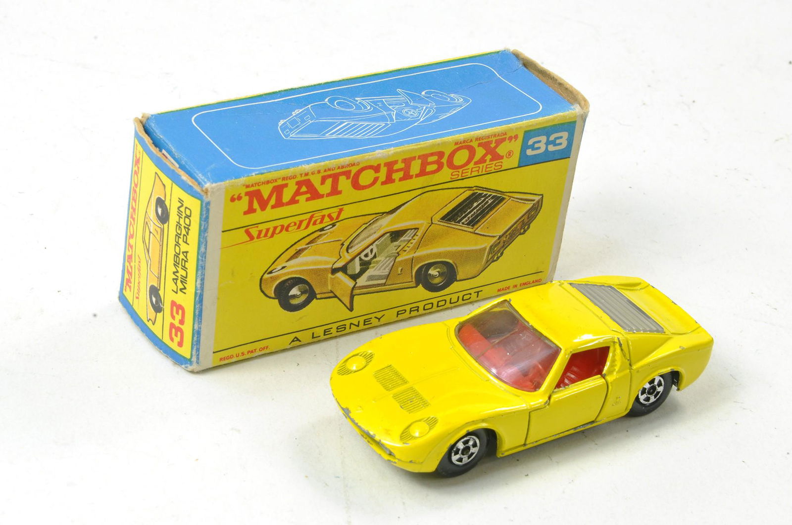 Matchbox Superfast No. 33a Lamborghini Miura. Yellow with red interior, unpainted base, opaque rear: Matchbox Superfast No. 33a Lamborghini Miura. Yellow with red interior, unpainted base, opaque rear window. Good, some marks throughout, more so along edges in good to very good very scarce F1 Type Tr