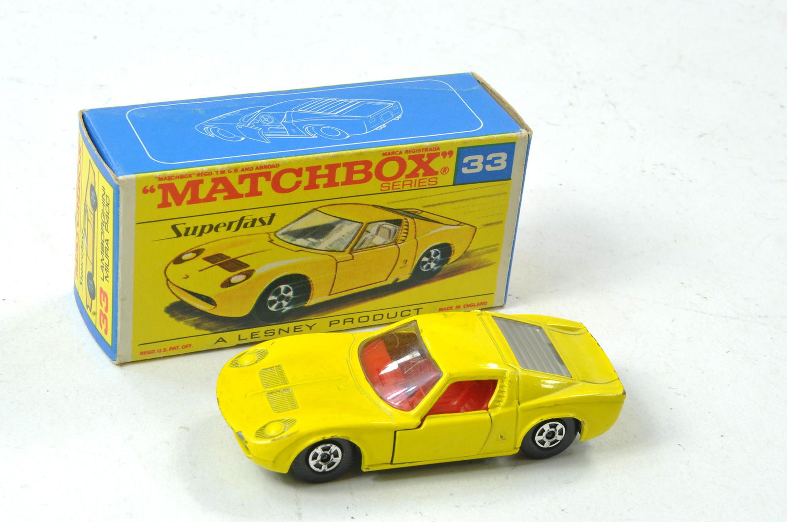 Matchbox Superfast No. 33a Lamborghini Miura. Yellow with red interior, unpainted base, opaque rear: Matchbox Superfast No. 33a Lamborghini Miura. Yellow with red interior, unpainted base, opaque rear window. Very Good, some marks, more so along edges in excellent F Type Box.