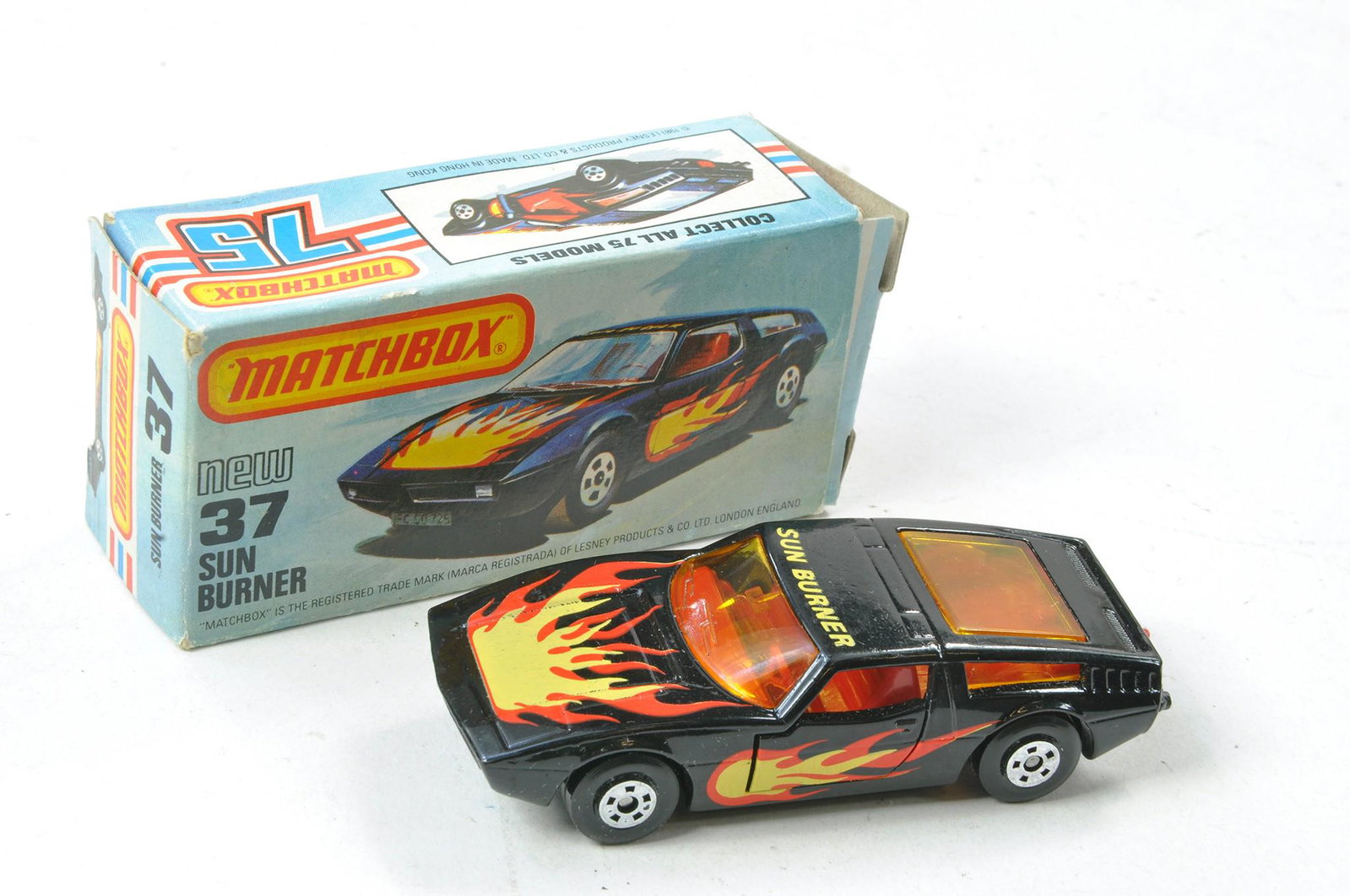 Matchbox Superfast No. 37d Sun Burner Maserati Bora. Made in Hong Kong. Black with red interior,: Matchbox Superfast No. 37d Sun Burner Maserati Bora. Made in Hong Kong. Black with red interior, amber windows, black base. Excellent in very good, minor creasing L Type Box with New.