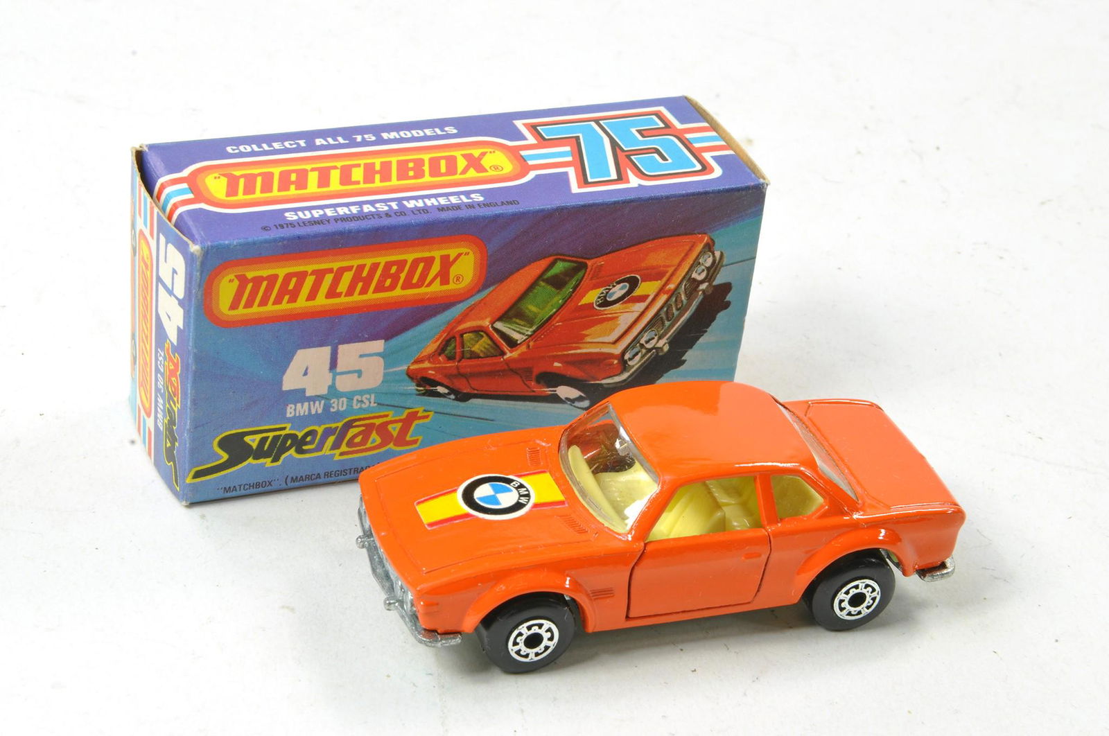 Matchbox Superfast No. 45b BMW 3.0 CSL. Orange with white interior, unpainted base, clear windows. (1 of 2)