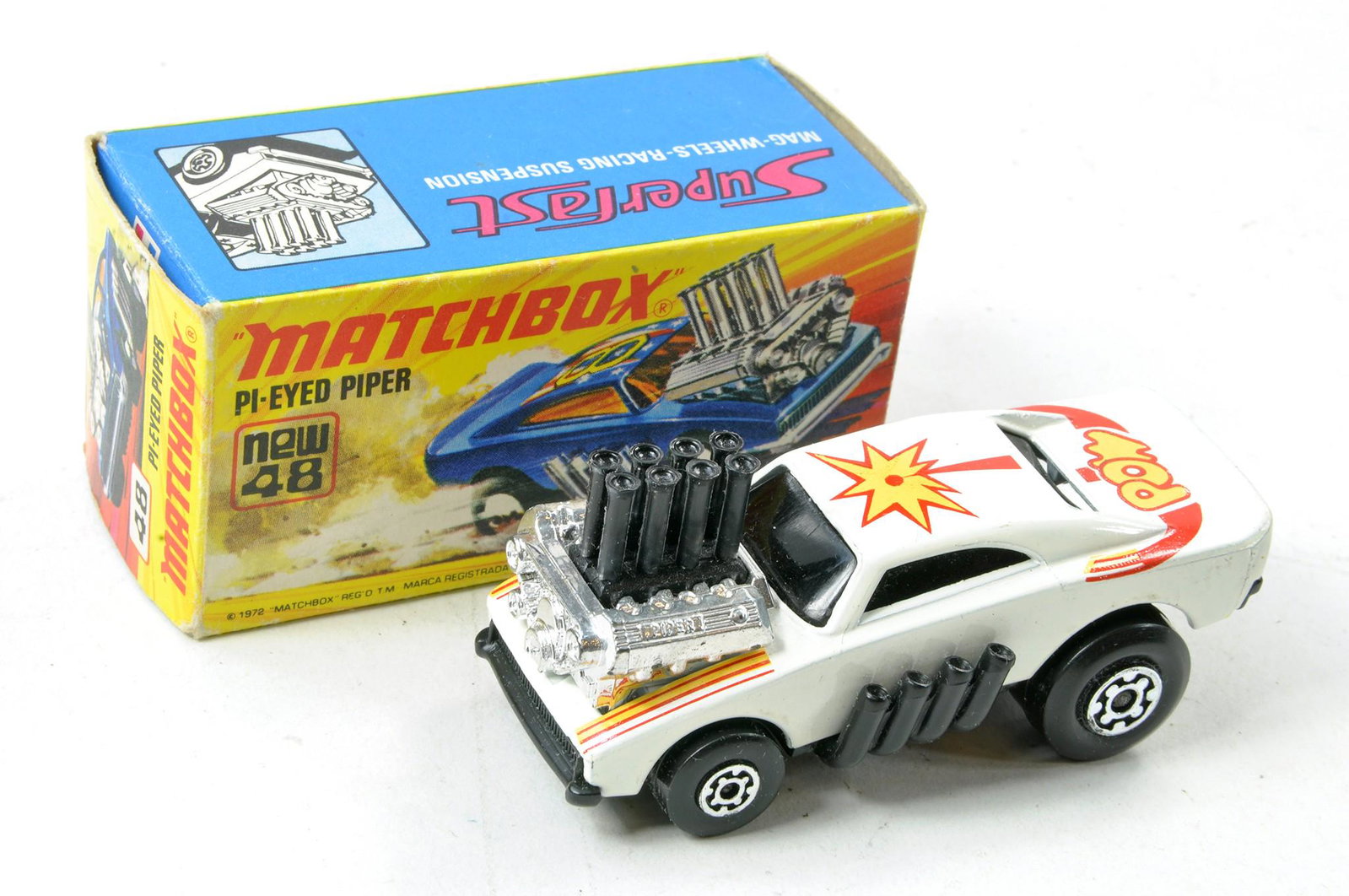 Matchbox Superfast No. 48b Pi-eyed Piper. White Lightning. Roman Numerals issue. White with black: Matchbox Superfast No. 48b Pi-eyed Piper. White Lightning. Roman Numerals issue. White with black base, black windows. Generally excellent in excellent I type box with new.