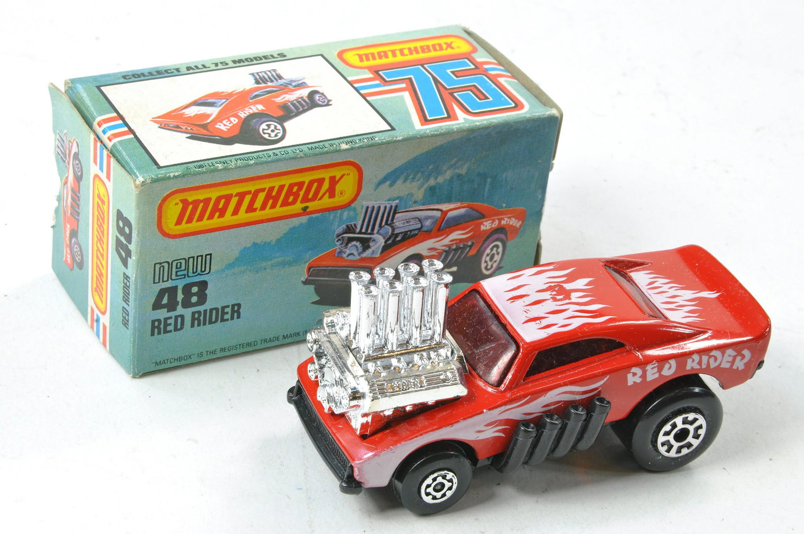 Matchbox Superfast No. 48d Red Rider. Made in England. Red with black base, red windows. Excellent,: Matchbox Superfast No. 48d Red Rider. Made in England. Red with black base, red windows. Excellent, some decal rubs to roof in very good, some flap wear one end, L type box with new.