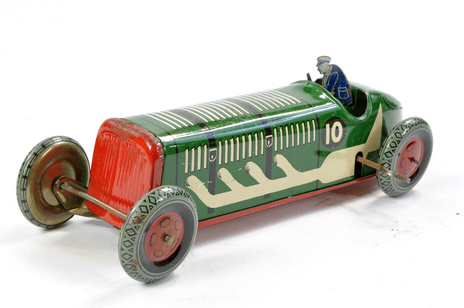 Wells tinplate clockwork Racing Car. No. 10, tinplate flat driver. Some minor marks throughout, in (1 of 1)