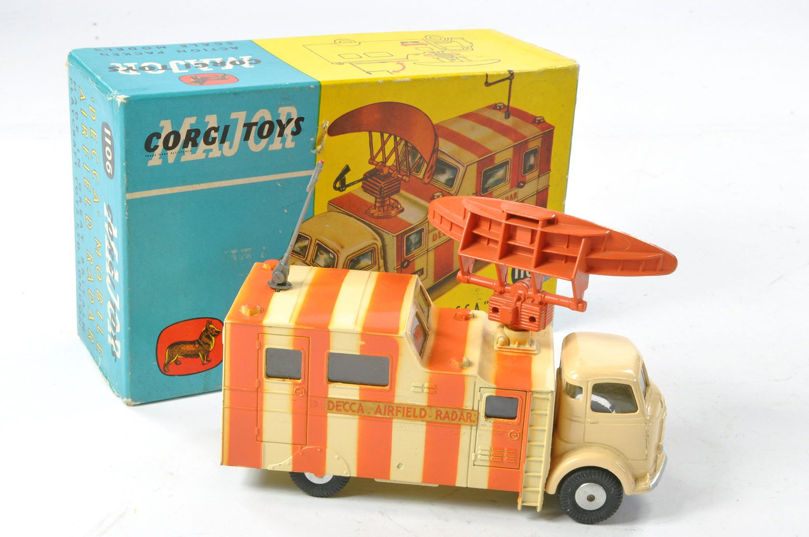 Corgi No. 1106 Decca Mobile Airfield Radar. Cream and Orange with grey plastic accessories.: Corgi No. 1106 Decca Mobile Airfield Radar. Cream and Orange with grey plastic accessories. Generally excellent the odd speck in good to very good box with insert.