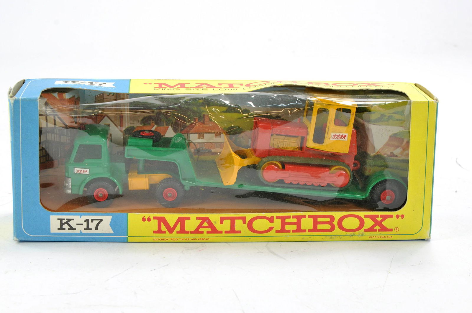 Matchbox King Size No. K17 Ford D Series Low Loader with Bulldozer. Generally very good with some: Matchbox King Size No. K17 Ford D Series Low Loader with Bulldozer. Generally very good with some minor spots of wear in good original box, cellophane loose.