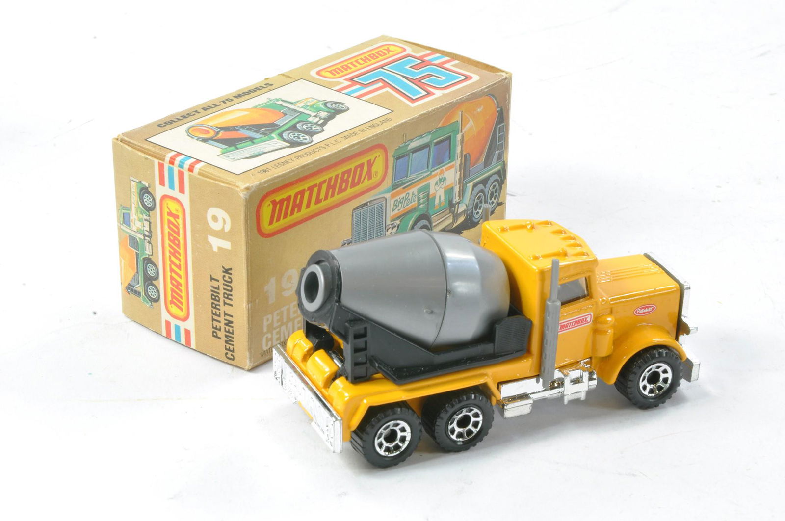 Matchbox Superfast No. 19d Peterbilt Cement Truck. Preproduction is Yellow and Grey with chrome base: Matchbox Superfast No. 19d Peterbilt Cement Truck. Preproduction is Yellow and Grey with chrome base and clear windows. Made in China. Excellent in excellent L type box with no new.