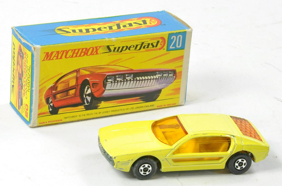 Matchbox Superfast No. 20a Lamborghini Marzal. Yellow, amber windows, ivory interior and unpainted: Matchbox Superfast No. 20a Lamborghini Marzal. Yellow, amber windows, ivory interior and unpainted base. Good to very good, a few marks in good to very good G Type box with new.