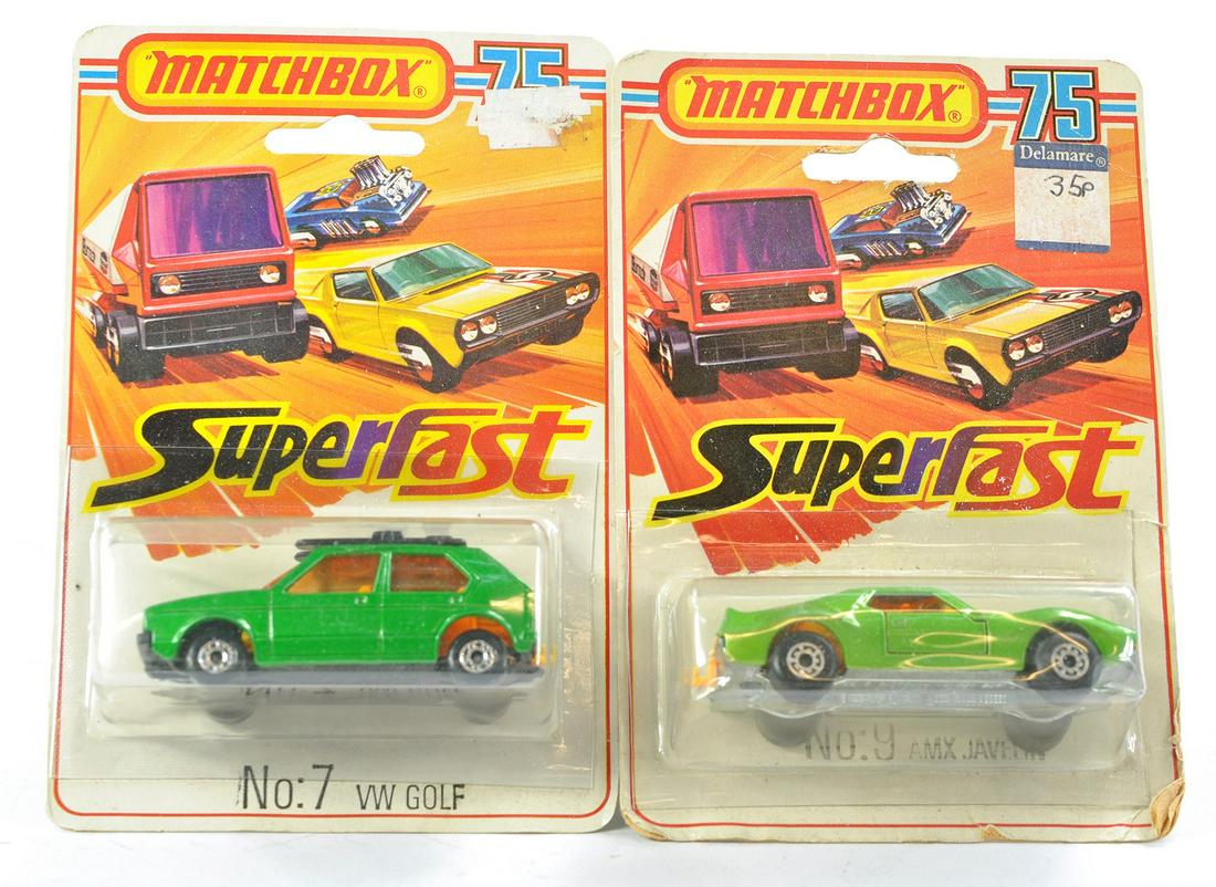 Matchbox Superfast duo of blister packs including VW Golf and AMX Javelin. Excellent on fair to good: Matchbox Superfast duo of blister packs including VW Golf and AMX Javelin. Excellent on fair to good blister packs.