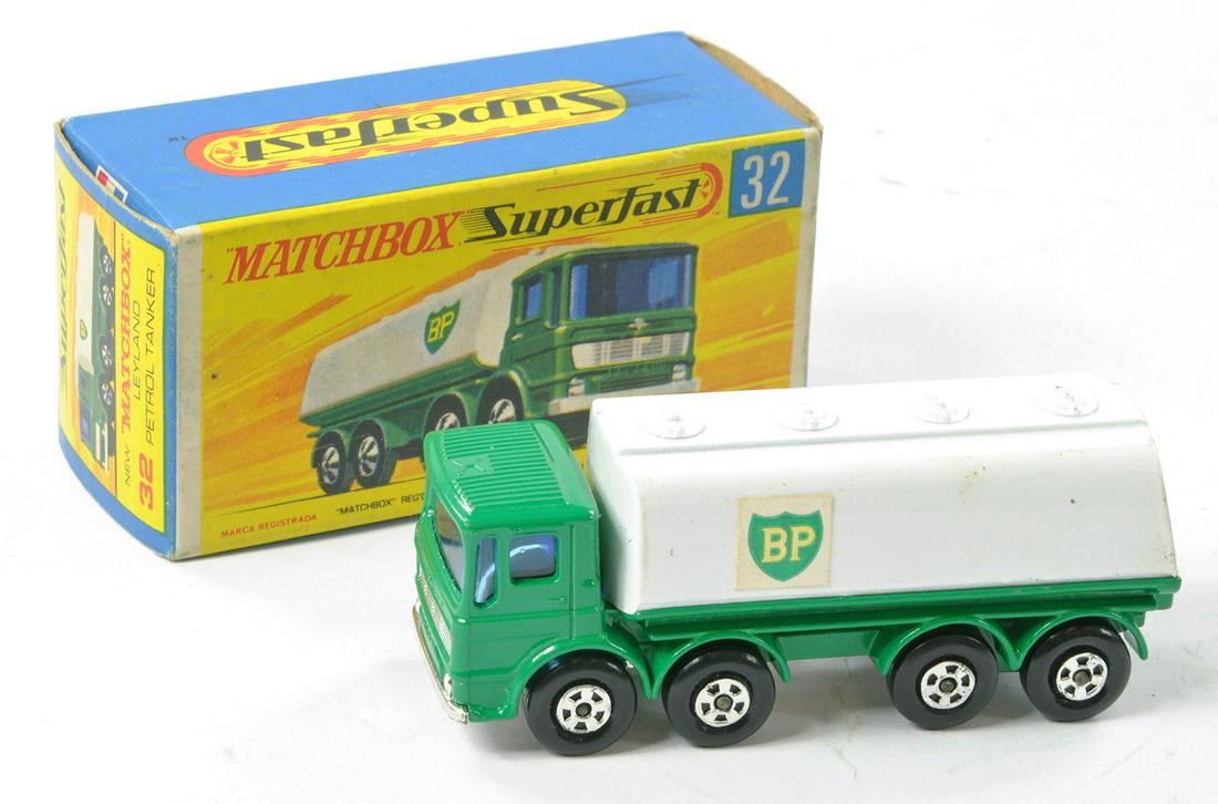 Matchbox Superfast No. 32a Leyland BP Tanker. Green with chrome base and grill. White tank with BP: Matchbox Superfast No. 32a Leyland BP Tanker. Green with chrome base and grill. White tank with BP decals each side. Generally excellent, a couple of tiny marks in excellent G Type box with new.