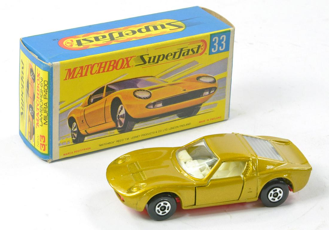 Matchbox Superfast No. 33a Lamborghini Miura. Light Metallic Gold, ivory interior with pink base and: Matchbox Superfast No. 33a Lamborghini Miura. Light Metallic Gold, ivory interior with pink base and wide wheels, high arches. Excellent with no obvious sign of wear in excellent G Type box with new.