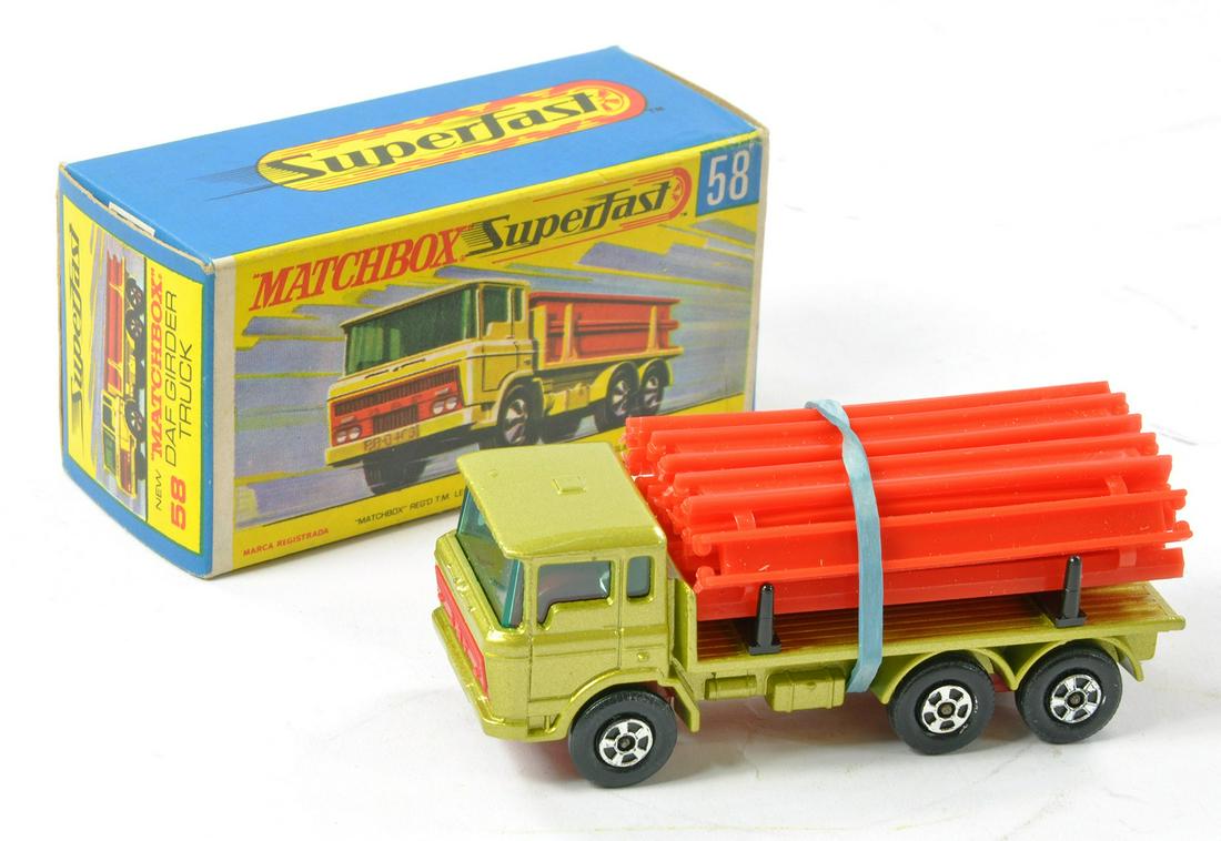 Matchbox Superfast No. 58a DAF Girder Truck. Metallic Lime green with red plastic base, black clips. (1 of 1)