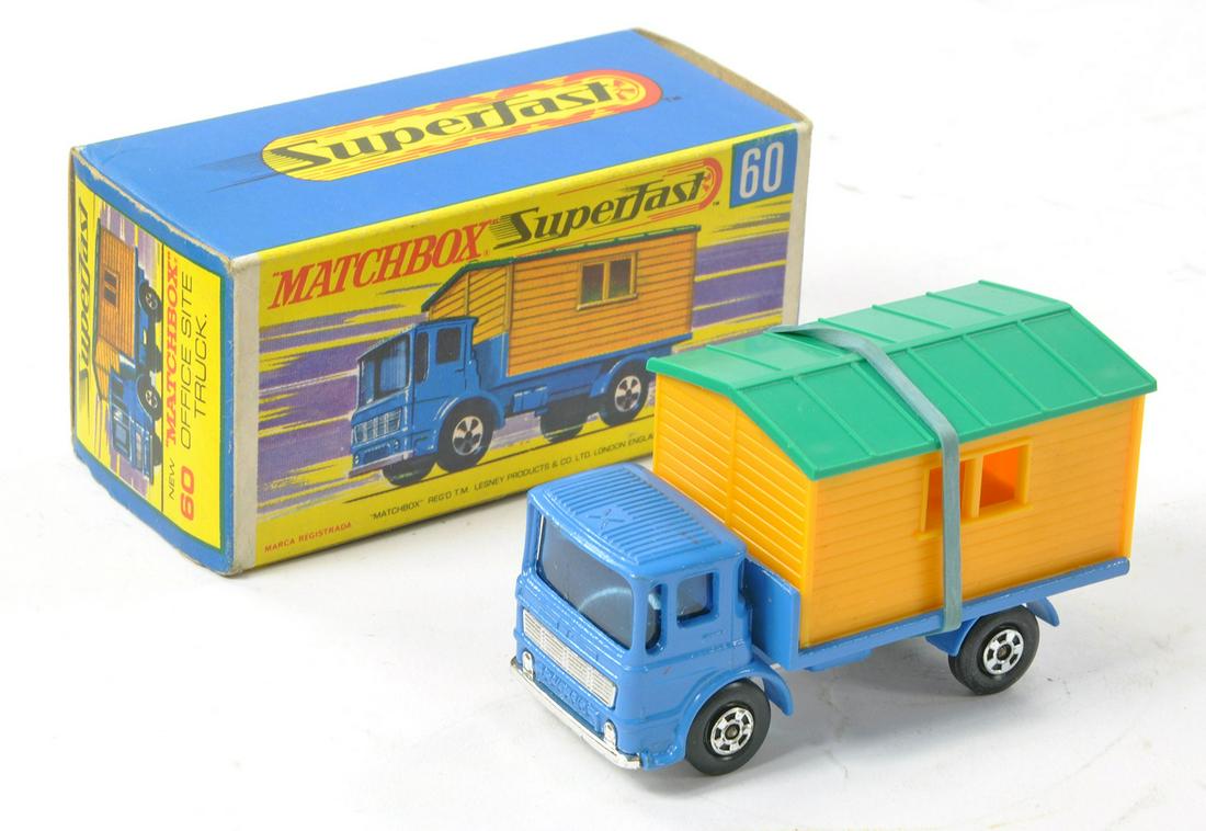 Matchbox Superfast No. 60a Office Site Truck. Blue with chrome base (single rivet). Excellent, no: Matchbox Superfast No. 60a Office Site Truck. Blue with chrome base (single rivet). Excellent, no obvious sign of wear in excellent G Type box with new.