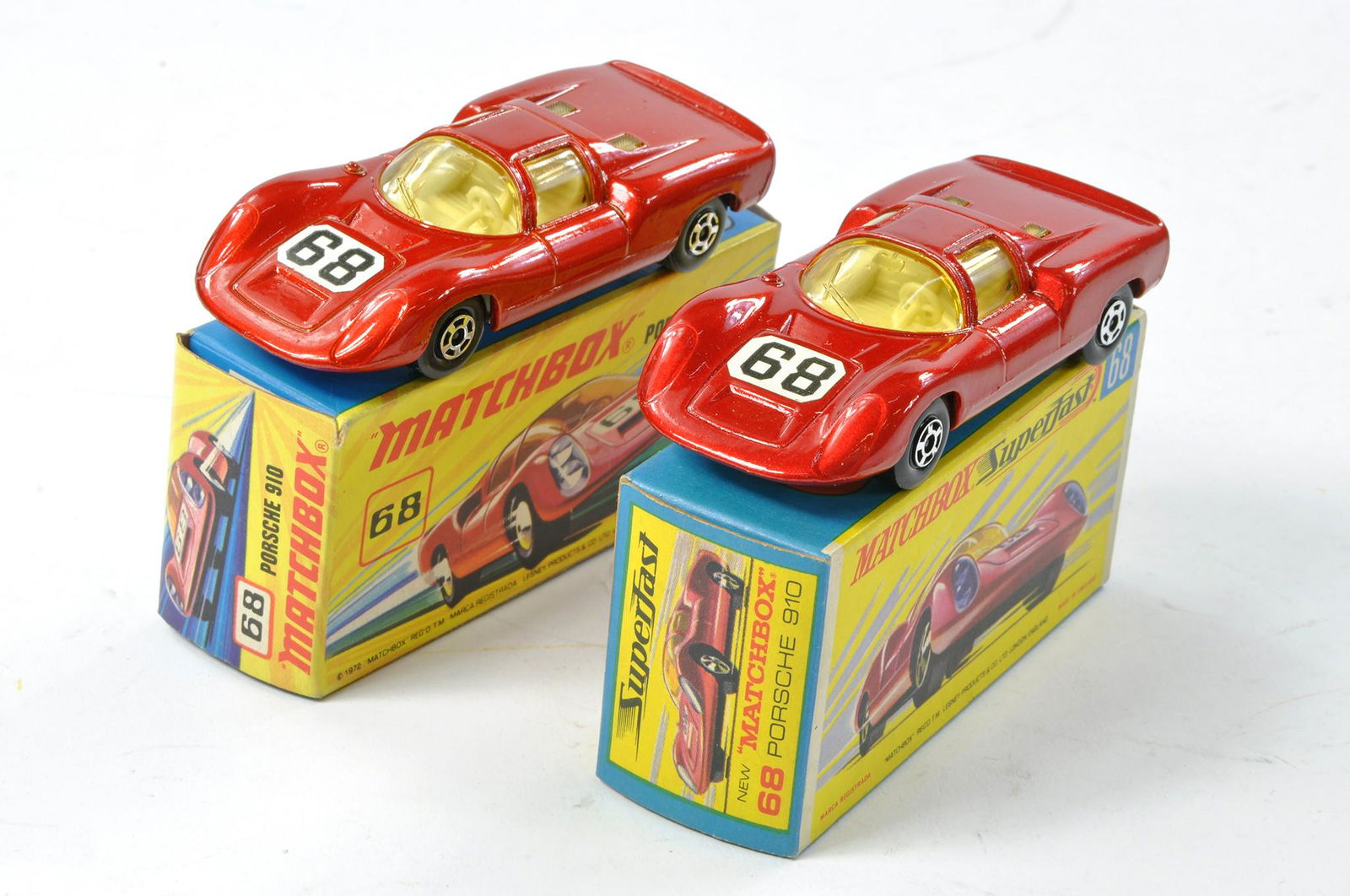 Matchbox Superfast No. 68a Porsche 910 x 2. Metallic red with ivory interior, light amber windows,: Matchbox Superfast No. 68a Porsche 910 x 2. Metallic red with ivory interior, light amber windows, racing no. 68 and unpainted bases, one with more of a chrome finish. Generally excellent with no obvi