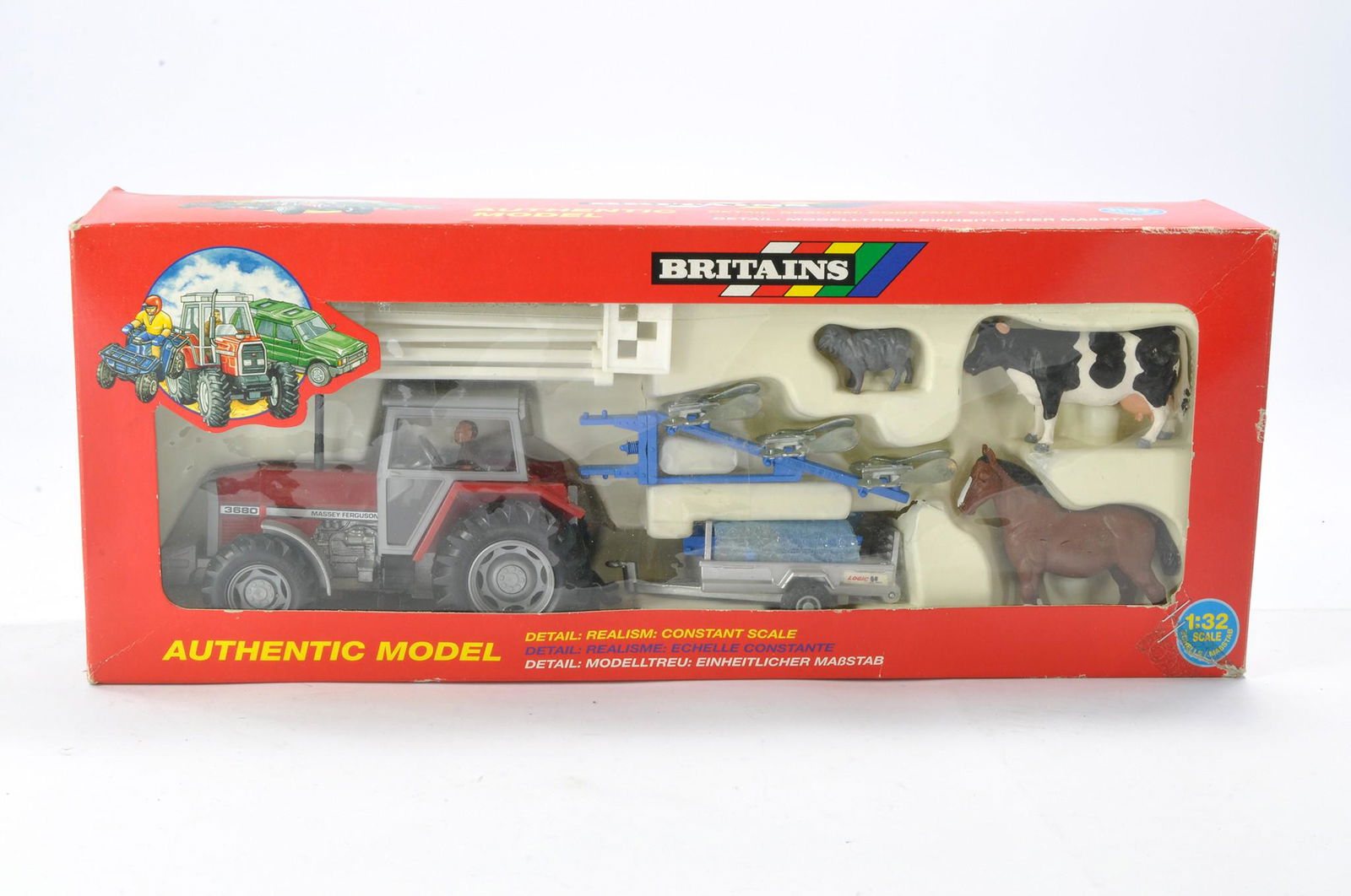 Britains 1/32 Farm Issue comprising No. 9665 Massey Ferguson Tractor, Ploughs, and Trailer Gift Set. (1 of 1)