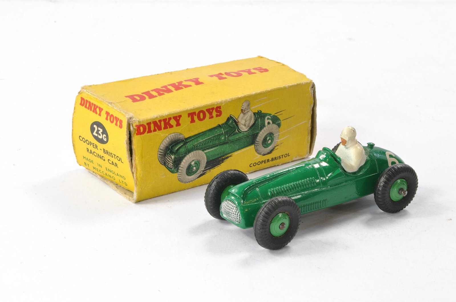 Dinky No. 23G Cooper-Bristol Racing Car. Looks to be original and generally excellent with only the: Dinky No. 23G Cooper-Bristol Racing Car. Looks to be original and generally excellent with only the odd spot and rub of wear. Contained in fair incomplete box, missing flaps.