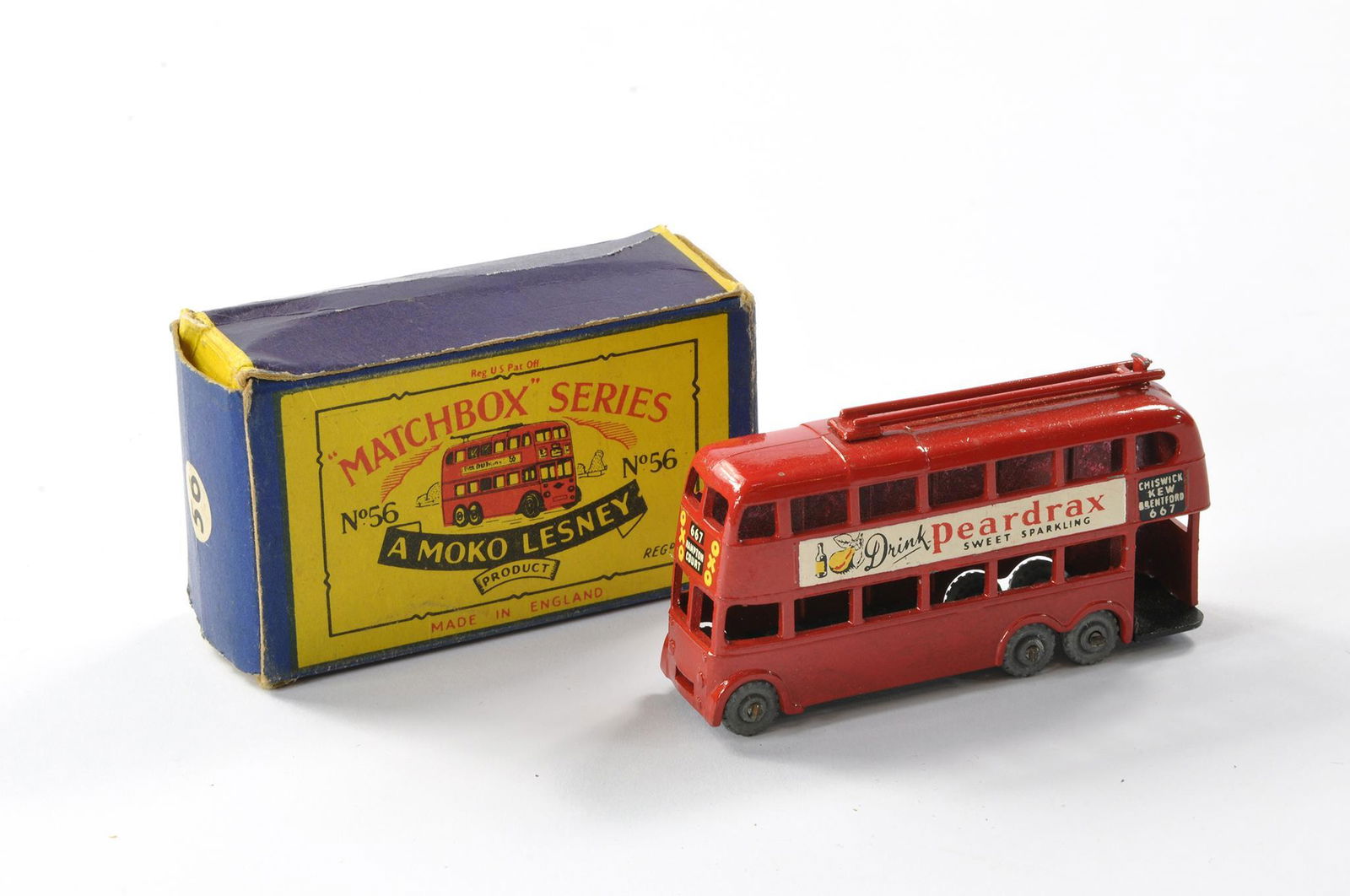 Matchbox Regular wheels 56a London trolley bus. Red with drink peardrax decals. Generally excellent (1 of 2)