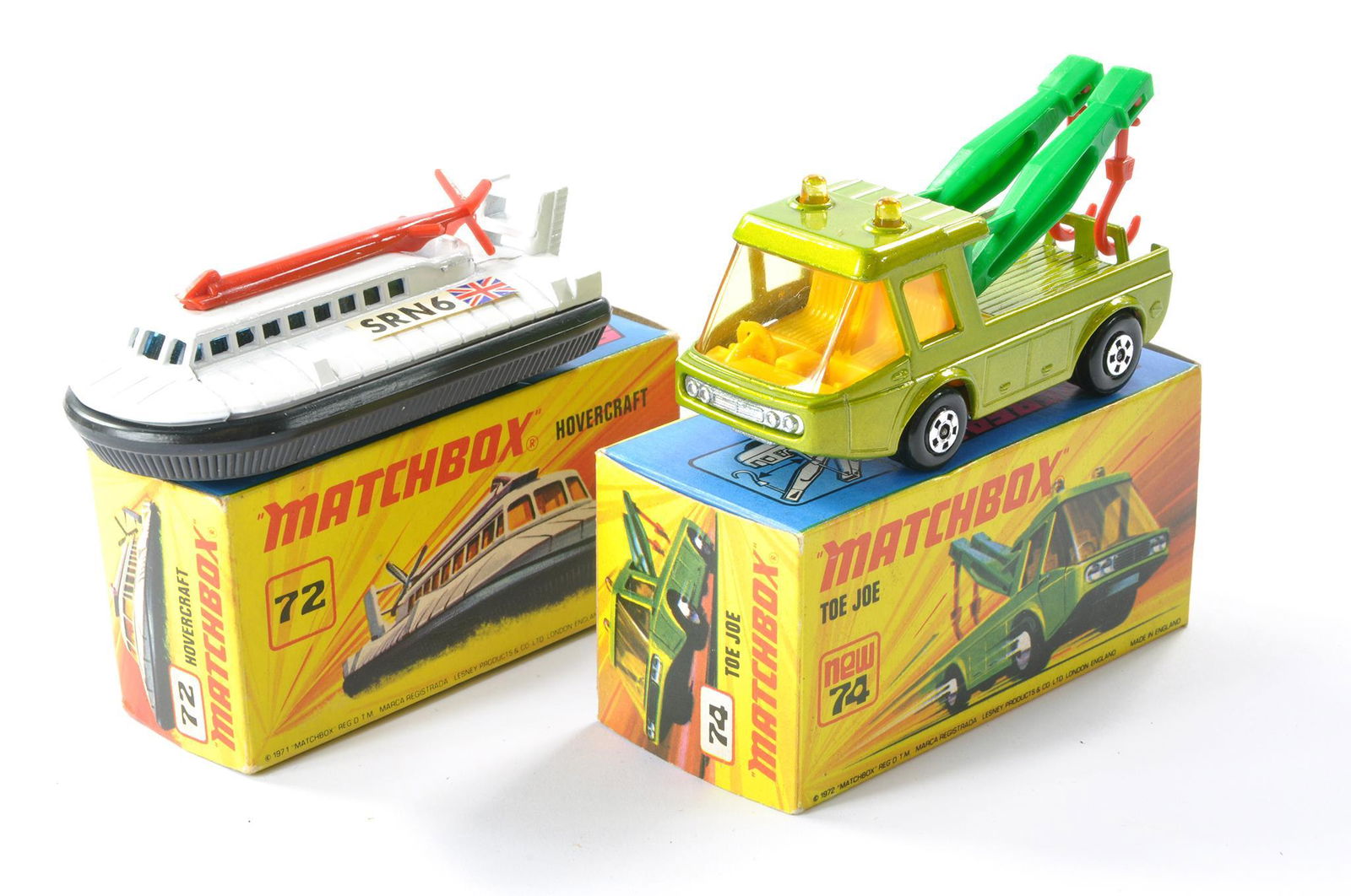 Matchbox Superfast 72c . Hovercraft. Excellent with little or no sign of wear . Contained in I type: Matchbox Superfast 72c . Hovercraft. Excellent with little or no sign of wear . Contained in I type box. Box is excellent. Plus 74c Toe Joe. Metallic lime green with Green jib and red hooks. Excellent