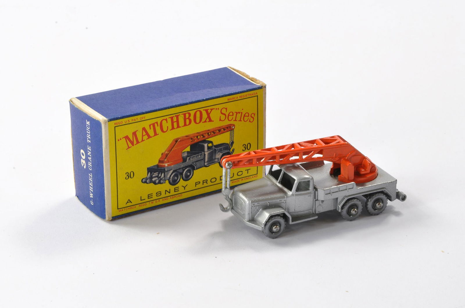 Matchbox Regular wheels 30b 6 wheeled crane. Silver and orange with silver plastic wheels. Generally (1 of 2)