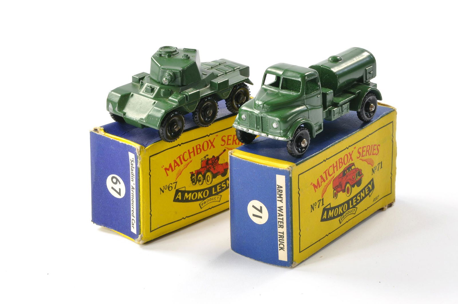 Pair of matchbox Regular wheels comprising of Number 67 Saracen armoured car and Number 71 Army (1 of 2)