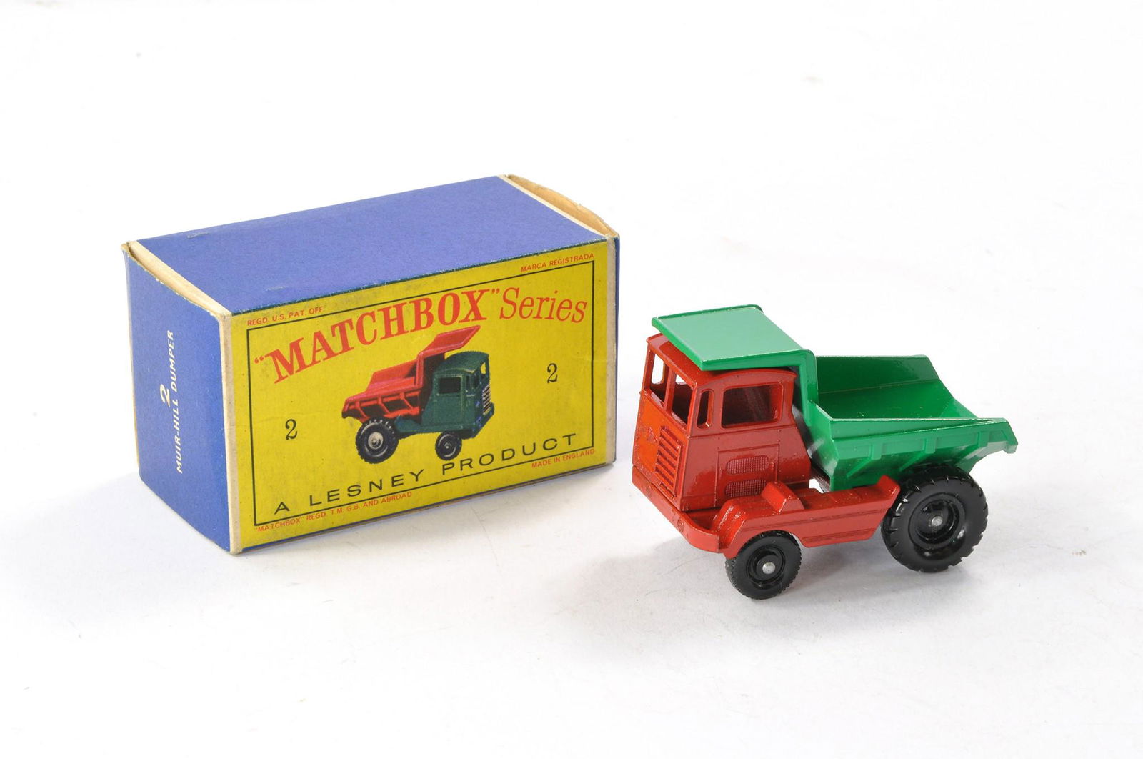 Matchbox Regular Wheels No. 2c Muirhill 'Laing' Site Dumper. Green and dark red, without silver (1 of 2)