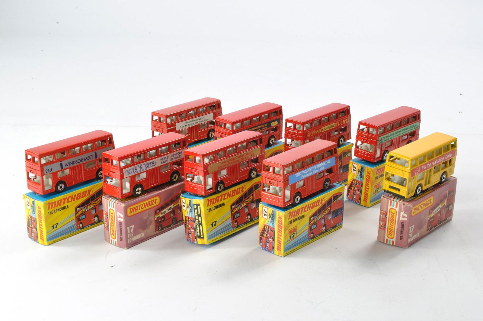 Matchbox Superfast group of Nine Promotional No. 17 Londoner Bus issues, all with various liveries, (1 of 1)