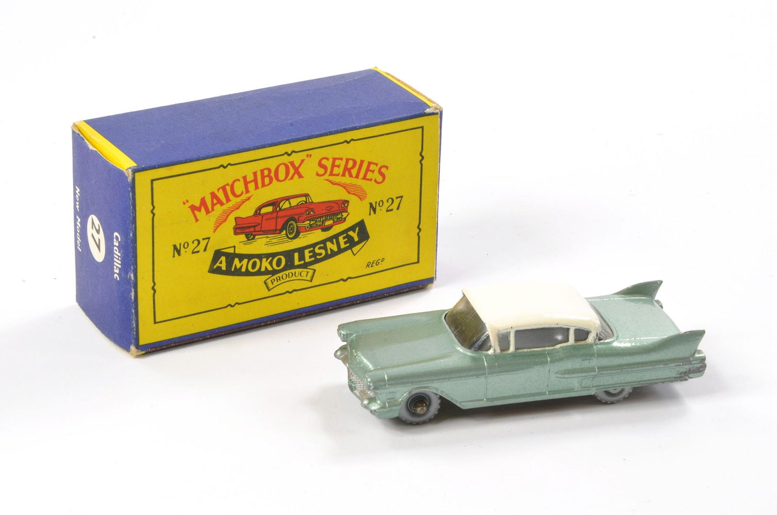 Matchbox Regular Wheels comprising No. 27c Cadillac Sixty Special. Light Metallic Green with silver (1 of 2)